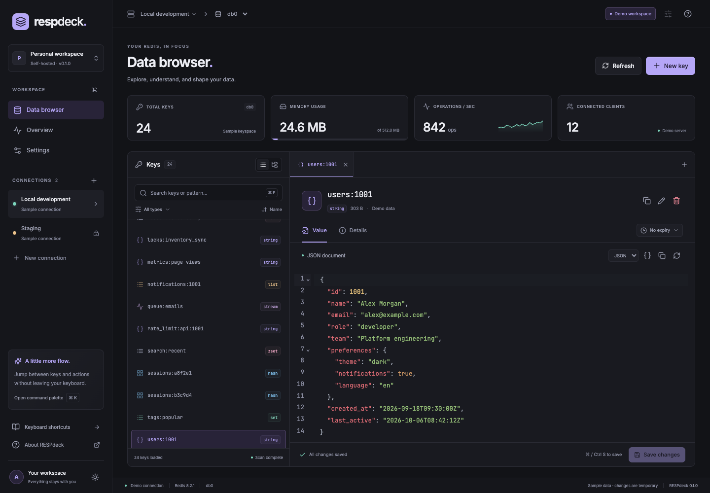 RESPdeck dark workspace with Redis key browser, JSON editor, and server metrics